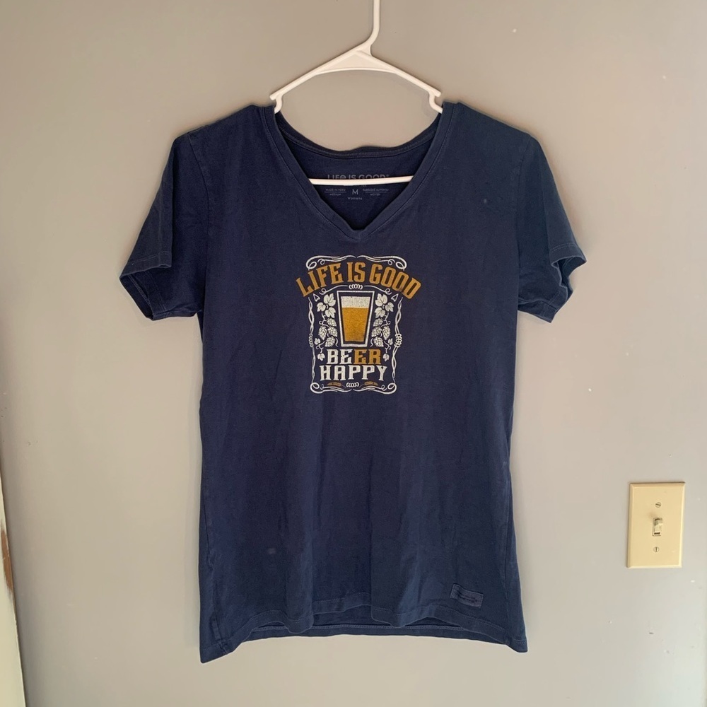 Womens Life Is Good Beer Happy Blue Short Sleeve Cotton Casual Crusher T Shirt M